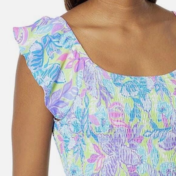 Lilly Pulitzer Jilly Smocked Midi Dress Woman Size XS Dew Drop Stay Fly Smocked - Picture 3 of 14